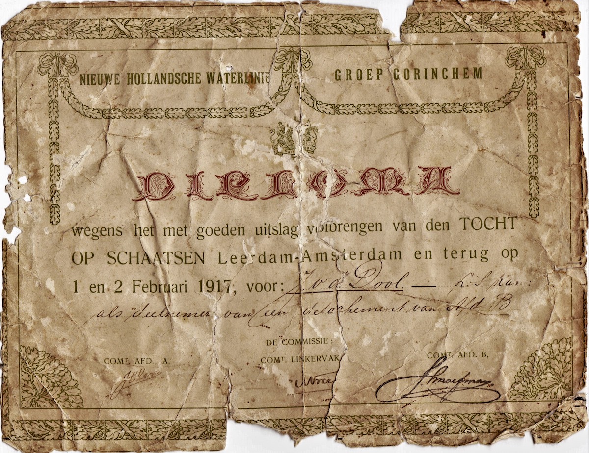"Diploma wegens het met goeden uitslag volbrengen van den TOCHT OP SCHAATSEN Leerdam-Amsterdam en terug op 1 en 2 Februari 1917."